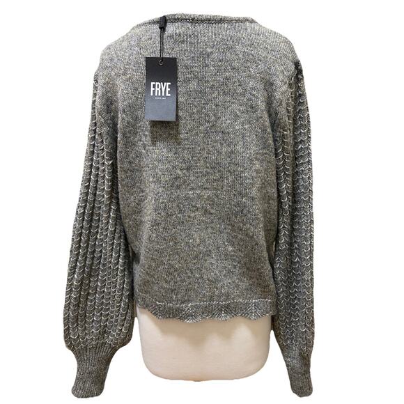 NWT Frye Gray Wool Blend V-Neck Sweater Woven Balloon Sleeve Chunky Knit - L - Picture 4 of 7